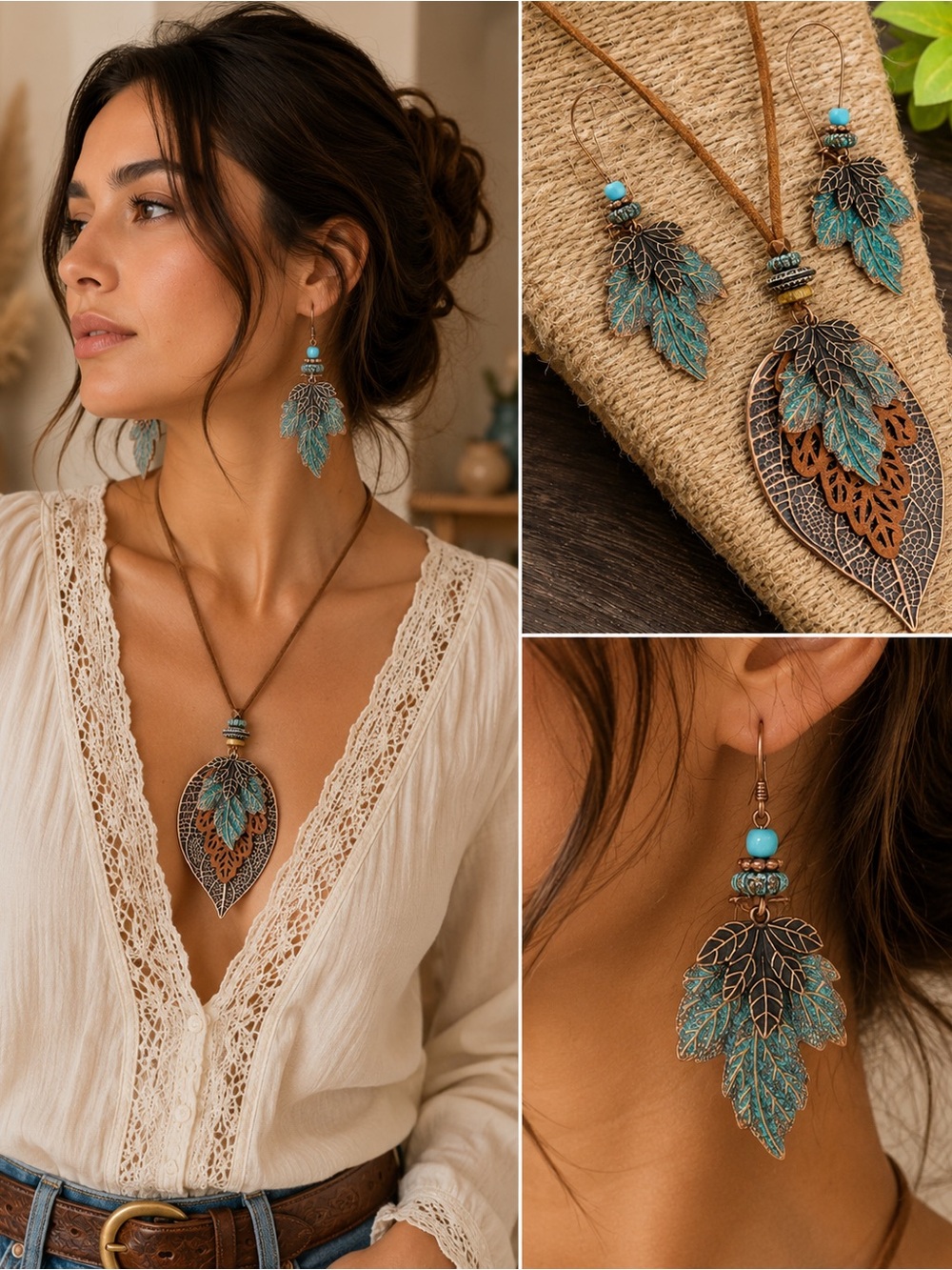 Boho Turquoise Leaf Pendant Necklace & Earrings Set - Unbranded